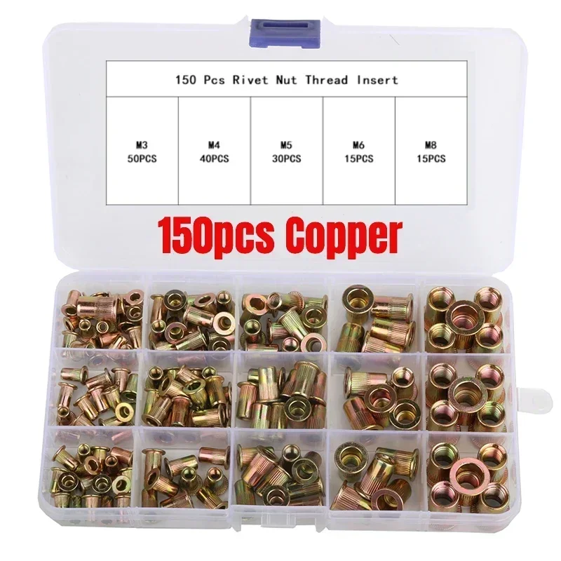150pcs Rivet Rivet Combination Kit Rivet Nut Tool Kit Steel Yellow Galvanized Thread Rivet Nut Insert Kit M3 / M4 / M5 / M6 / M8