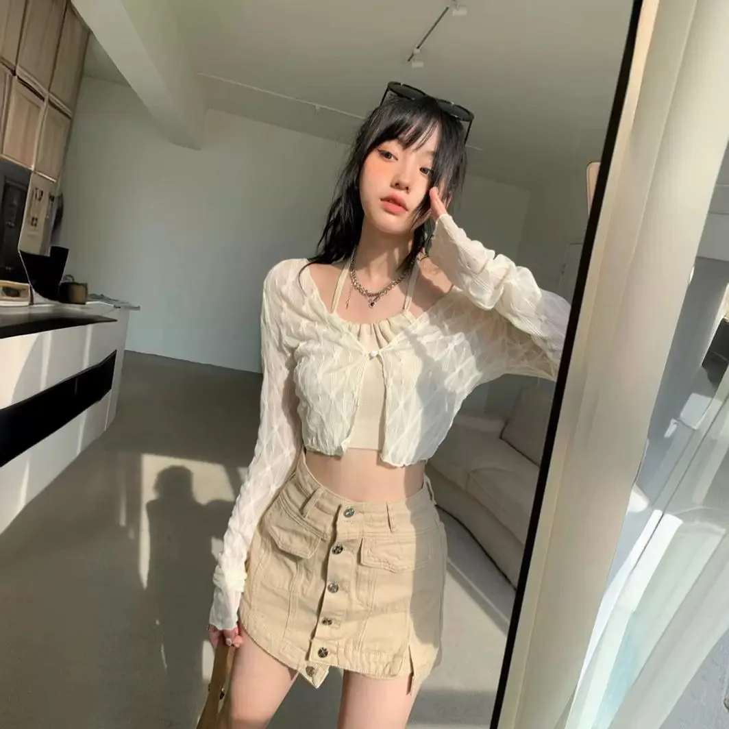 Women Shirts Solid Slim Fit Lovely Sweet Lace Thin Korean Fashion All-match Long Sleeve Y2k Sun Protection Crop Tops Summer Chic