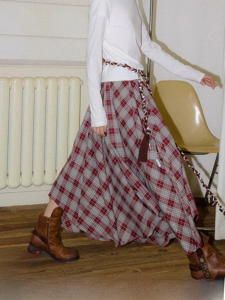 

Винтажная асимметричная юбка миди в клетку Popchrio для женщин, осенняя, свободного кроя, А-силуэт, юбка-солнце, повседневный стиль