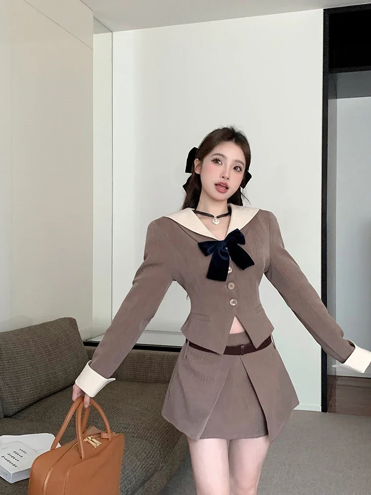 Lnsozkdg Flip Collar Tight Waist Blazer Jacket 2024 New Spring Autumn Slim-fit Suit Tops + Brown A-line Short Skirt Suits Women