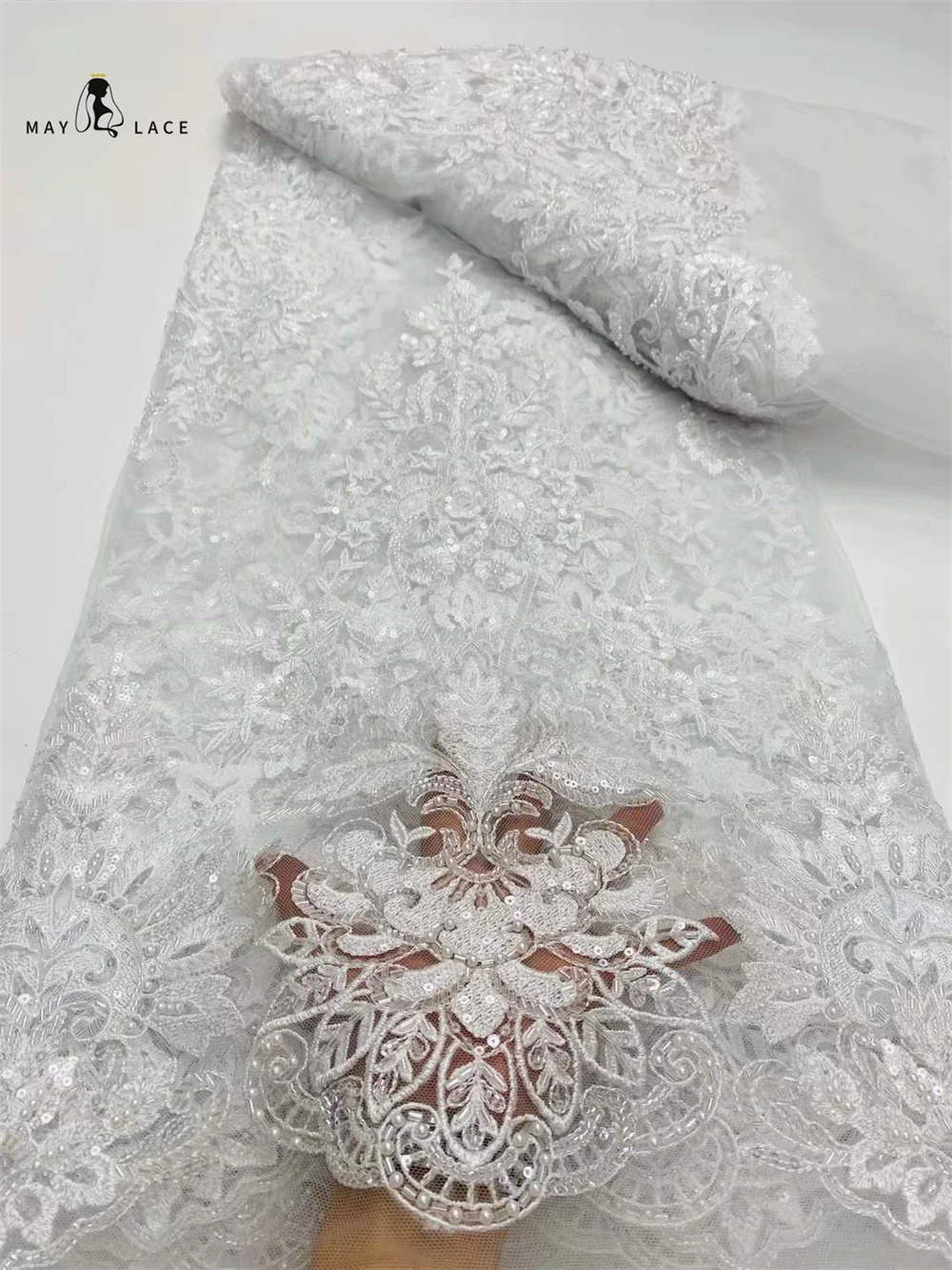 

White African Tulle Lace Fabrics French Beads Lace Fabric 2024 High Quality 5 Yards Nigerian Groom Lace Fabric For Party Dress