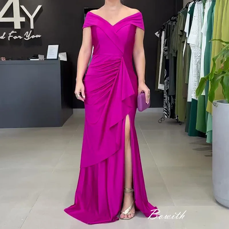 Bowith Fuchsia Mother of The Bride Dresses Off Shoulder V Neck Elegant Evening Dress for Women Gala Dress with Slit vestidos