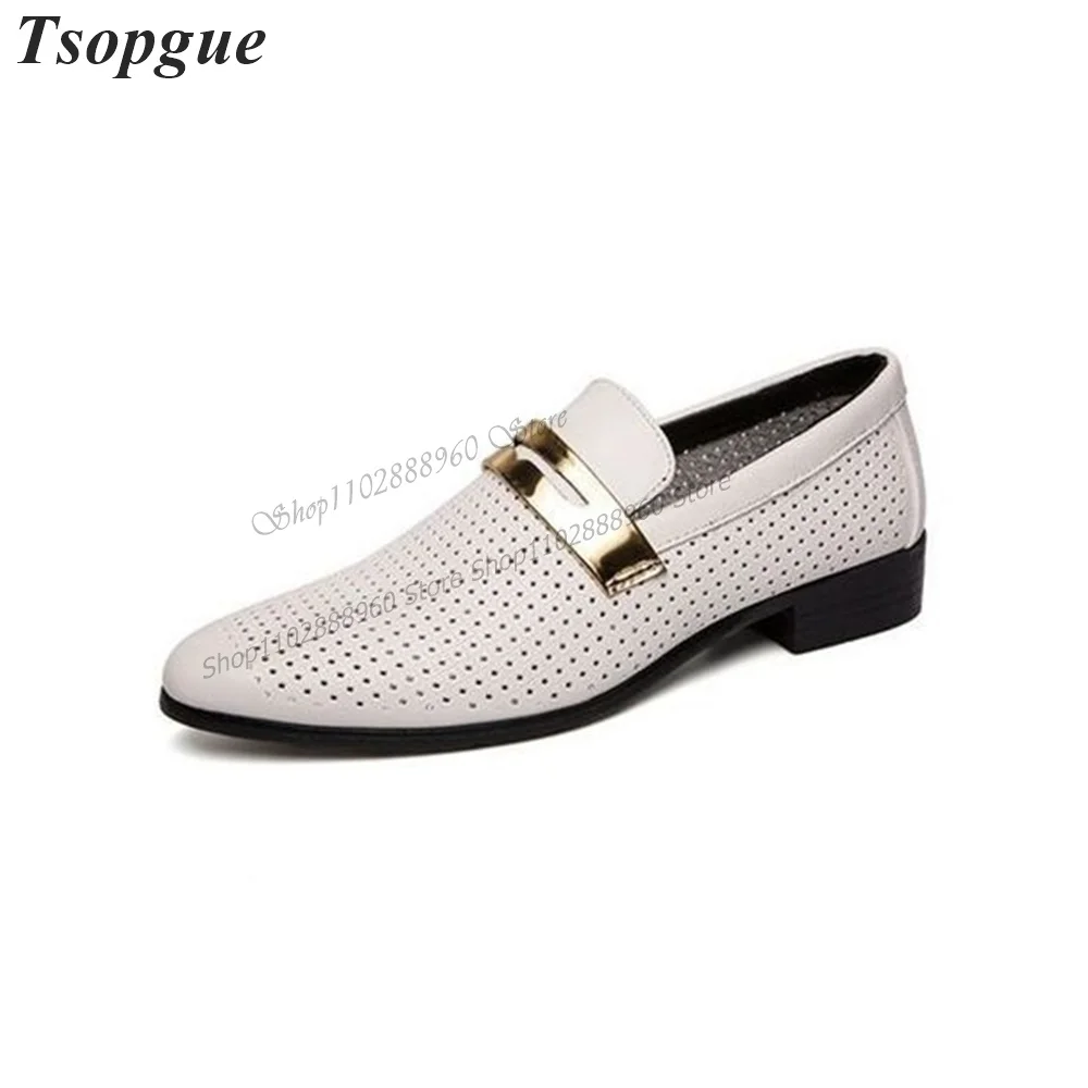 White Small Carve Holes Metallic Belt Men's Pumps Men Shoes Slip-On Runway Casual Party Shoes 2023 Fashionable Zapatillas Muje