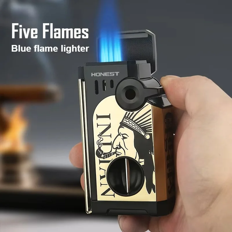 

HONEST Five Flame Inflatable Lighter Metal Windproof Cigar Multi functional Igniter Foldable Cigar Scissors Men's High End Gift