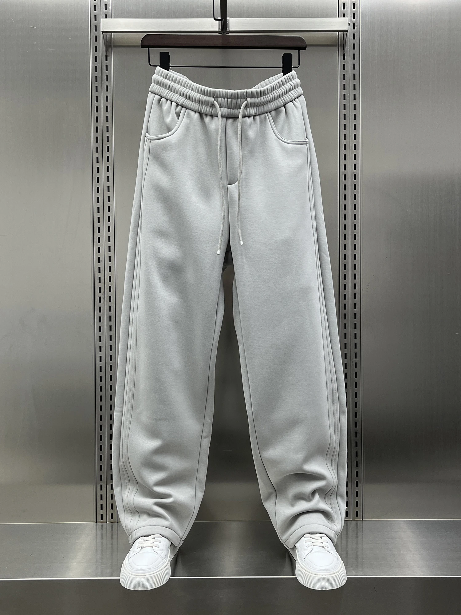 

Модные мужские повседневные брюки прямого кроя на флисовой подкладке, спортивные, роскошные, с простым дизайном, зимние, новинка, свободный крой, эластичный пояс