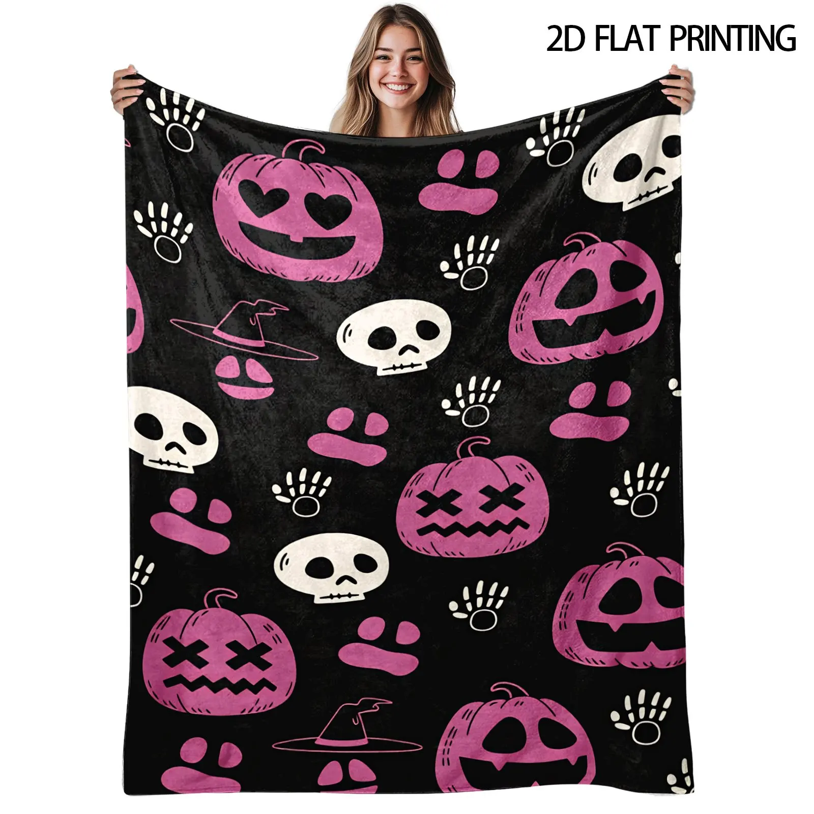 Classic Pumpkin And Tiny Ghost Pattern Soft Flannel Throw Blanket Warm Cozy Blanket For Sofa Bed Autumn Halloween Household