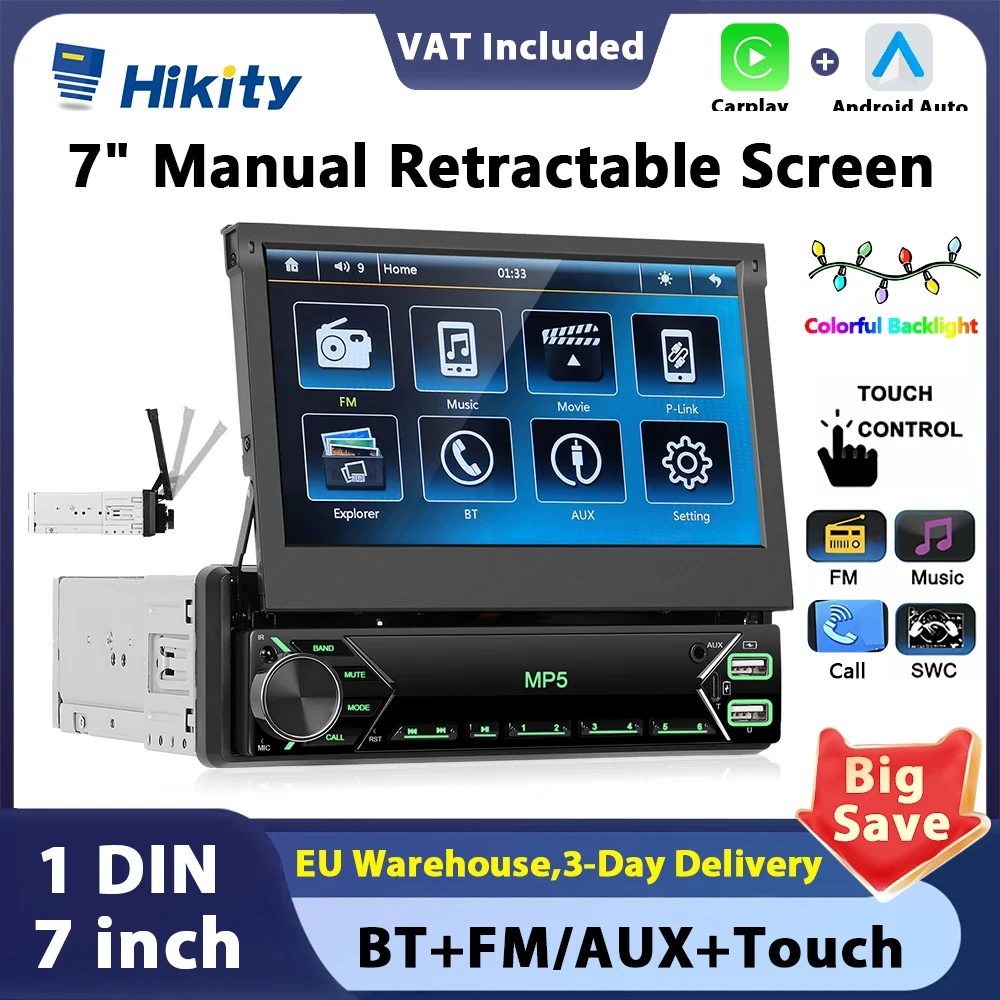 Hikity Carplay 1DIN Car radio MP5 player 7