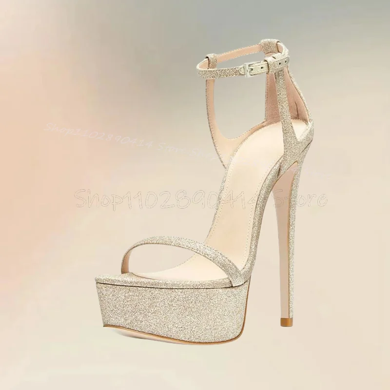 

Beige Glitter Sequins Open Toe Platform Sandals Ankle Buckle Strap Women Shoes Thin High Heels Fashion 2024 Zapatos Para Mujere