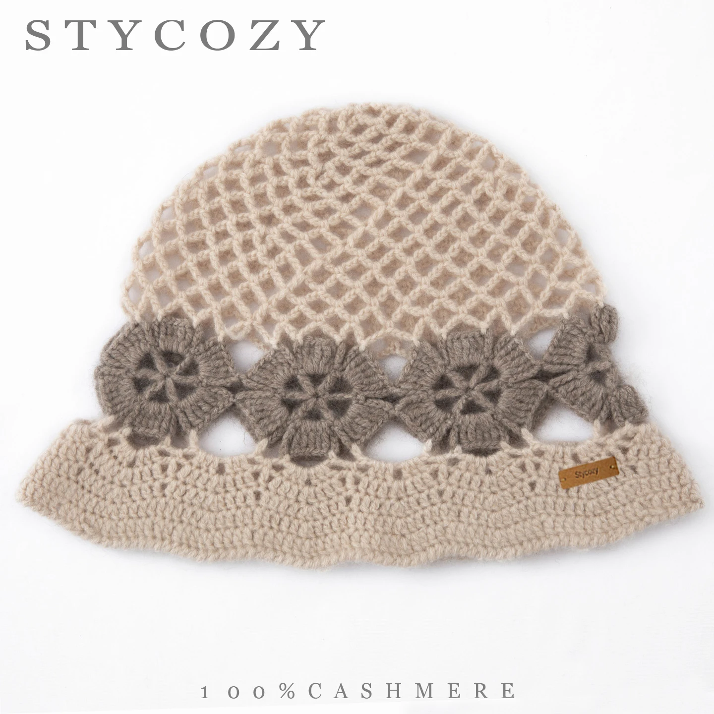 100% Cashmere Knitted Hollow Out Floral Bucket Hat Women Vintage 3D Flower Wavy Brim Cap Solid Color Lightweight Travel Headwear