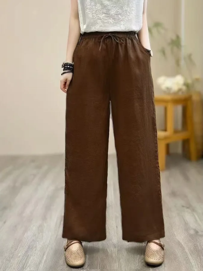 Vintage  Color Elastic Waist Drawstring Women's Casual Pants High Waist Straight Leg Nine Points Summer New Style