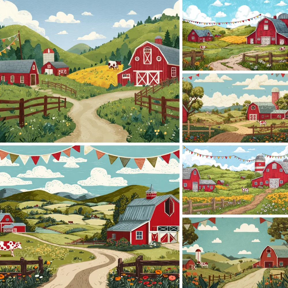 Kids Farm Birthday Party Photography Backdrop Red Barn Door Cartoon Farm Animals Banner for Summer Farm Themed Background Wall