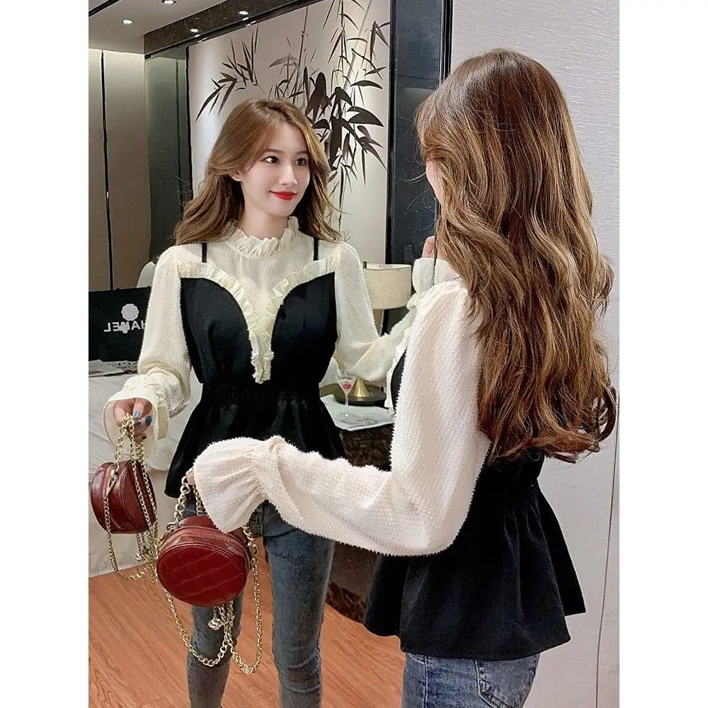 Chiffon Women\'s Top with Camisole and Fake Two-piece Fashionable Casual Flared Sleeve Lace Up Waist Long Sleeved Shirt for Women