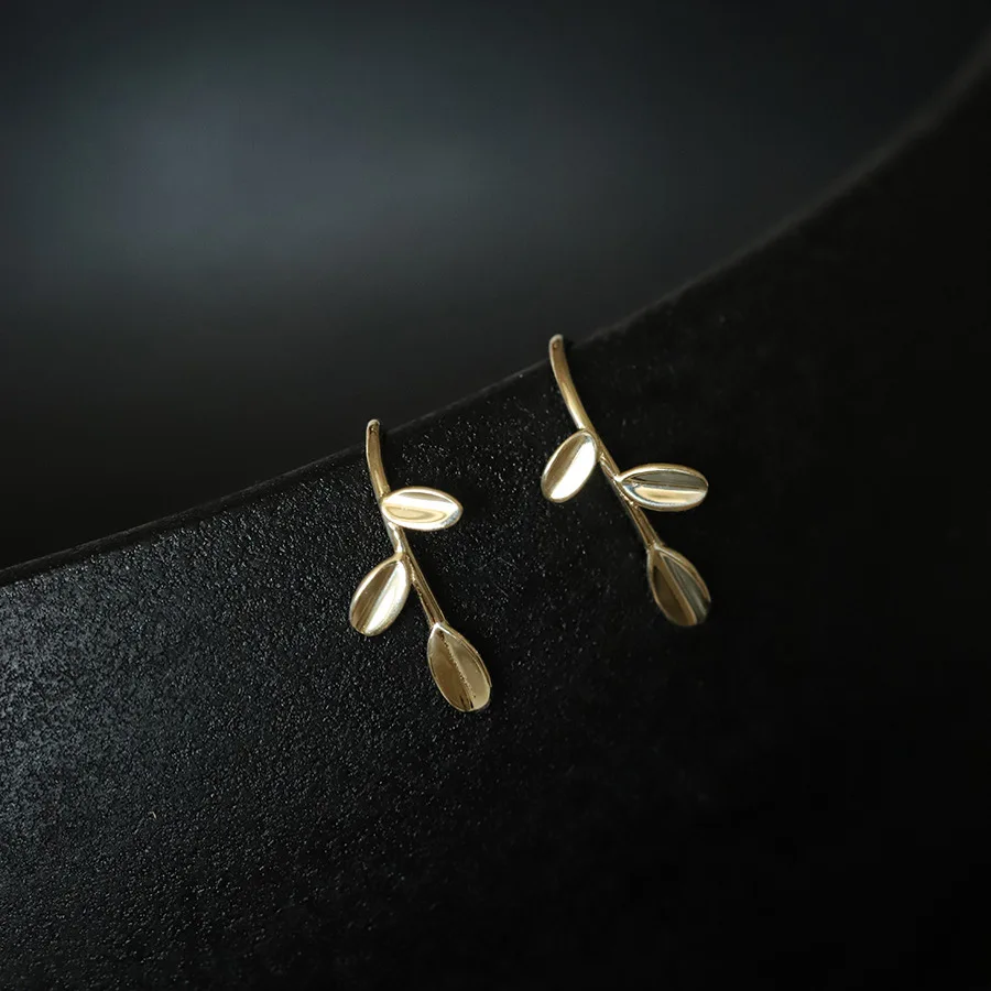 925 Sterling Silver Plated 14k Gold Earrings Small Fresh Three Leaf Earrings for Women Simple Jewelry