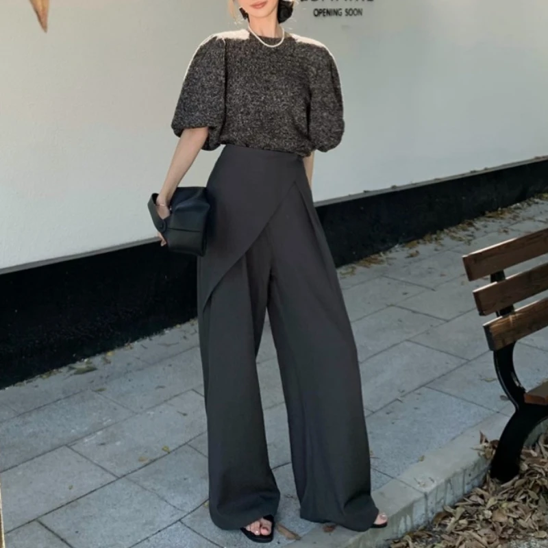 2024 Autumn New High Street Loose Casual Asymmetric Wide Leg Pants Women + Backless Bow Short Sleeve Sweater Two-piece Suit