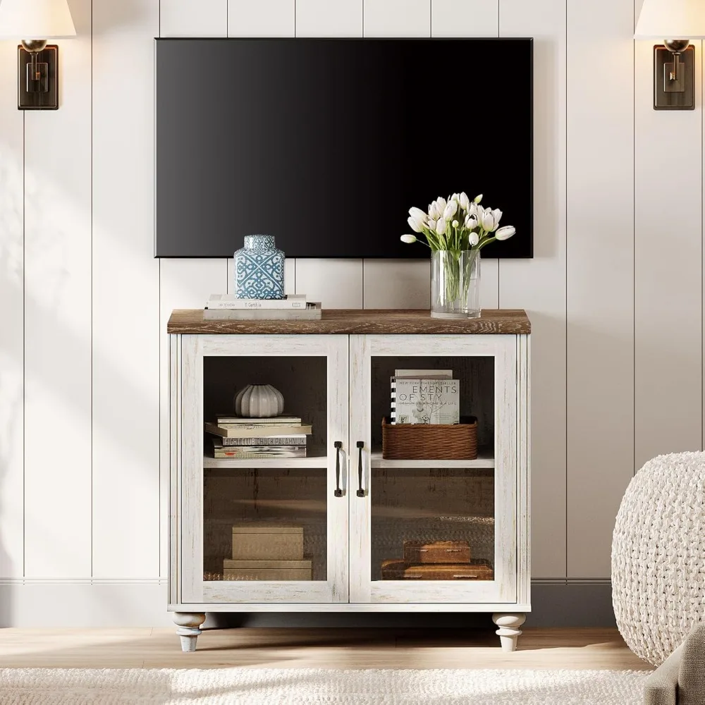 

Farmhouse TV Stand for TVs Up to 43 inch, Glass Wood Universal TV Stand with a Large Storage Cabinets, Customized
