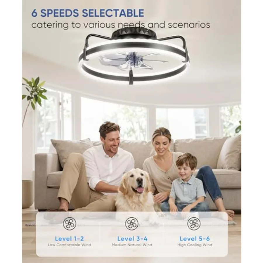 Ceiling Fan with Lights, 20'' Low Profile Ceiling Fans, 3000-6500K Dimmable Fandelier LED Fan Light, Modern Flush Mount Ceiling