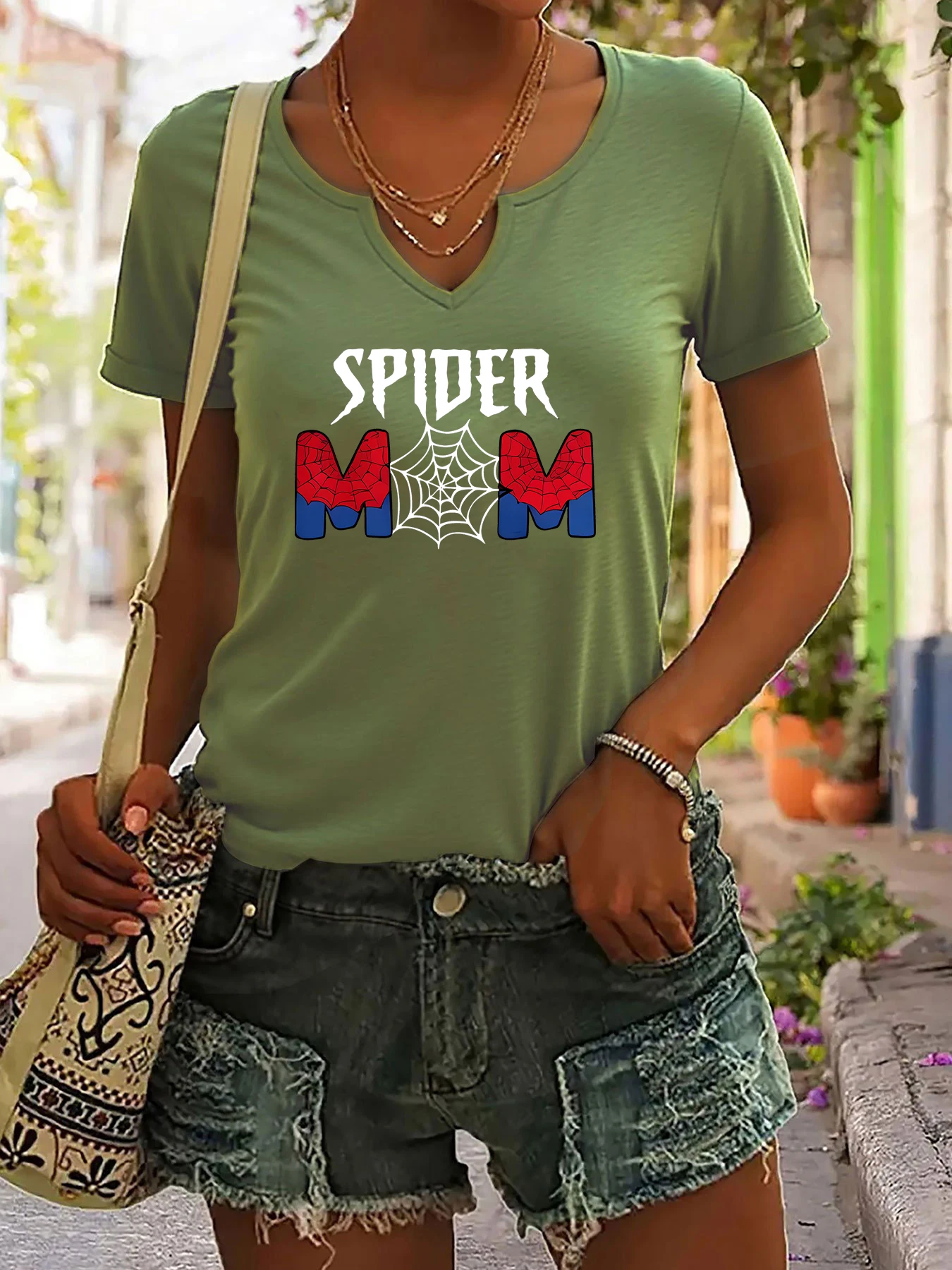 Damen-Sommer-T-Shirt mit V-Ausschnitt und kurzen Ärmeln, Spider Mom-Schriftzug und Spinnennetz-Grafikdruck, lässiges Mom Life-T-Shirt – Detail 6