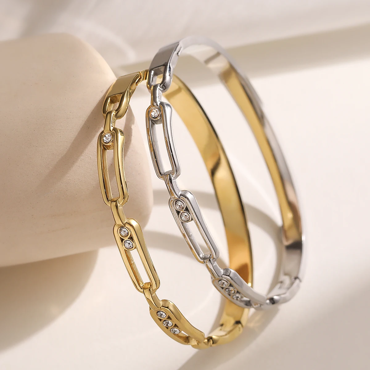 Ins Style CZ Inlaid Paperclip Bracelet Stainless Steel Gold/Silver Plated Minimalist Trendy Women Jewelry