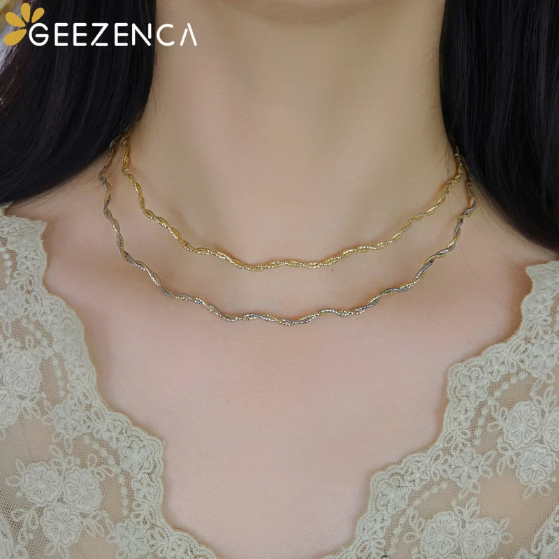 GEEZENCA Real 925 Silver Double-thread Woven Choker Necklaces For Women Trendy Snake Chain Wave Necklace Italian Jewelry Gift