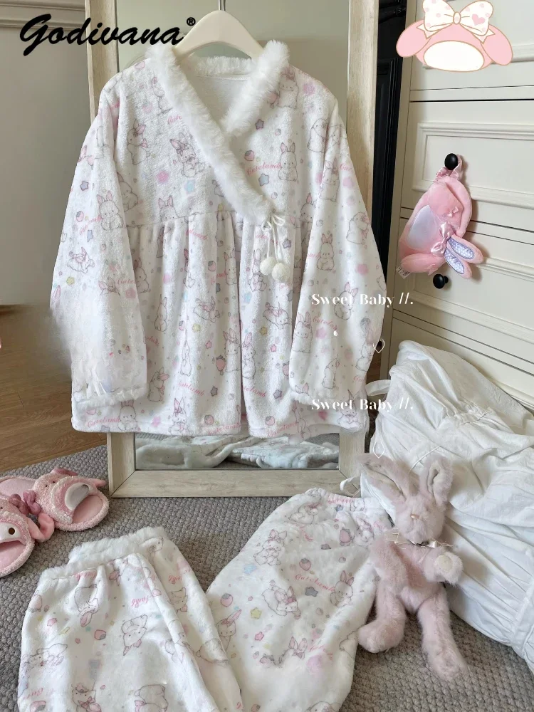 Double-sided Flannel Pajama Set Girls Autumn and Winter Cute Cartoon Rabbit Printed Plush Loungewear V Neck Soft Warm Sleepwear