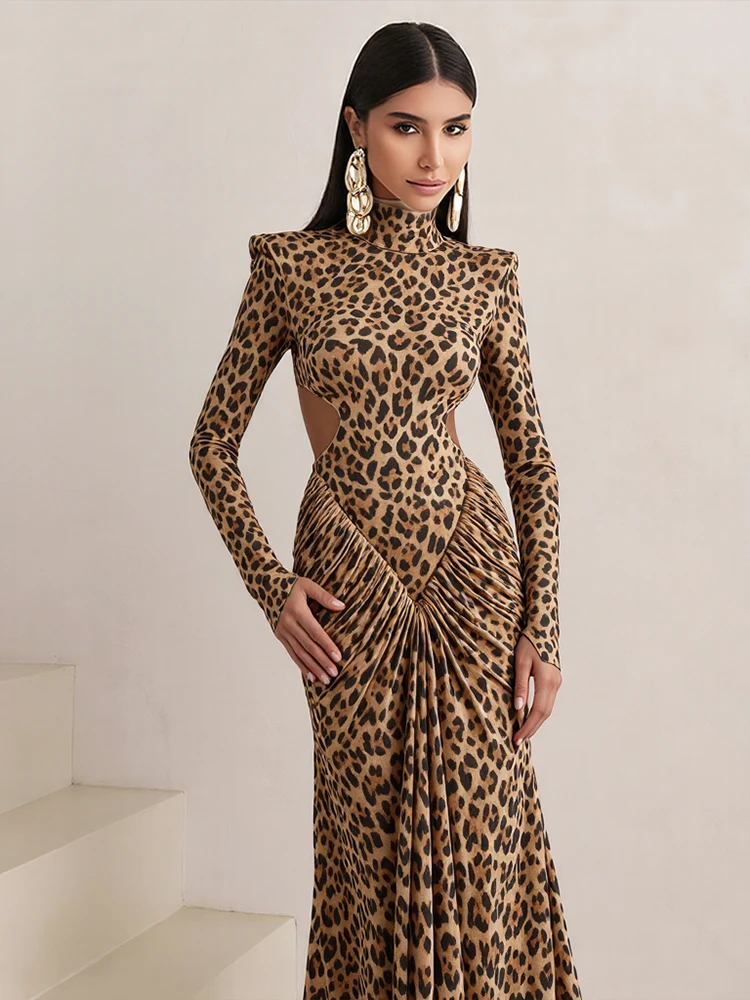 Nibber Leopard Print Maxi Dress Women Backless Full Sleeve Turtleneck Peach Butt Folds Skinny Fashion Elegant Banquet Vestidos