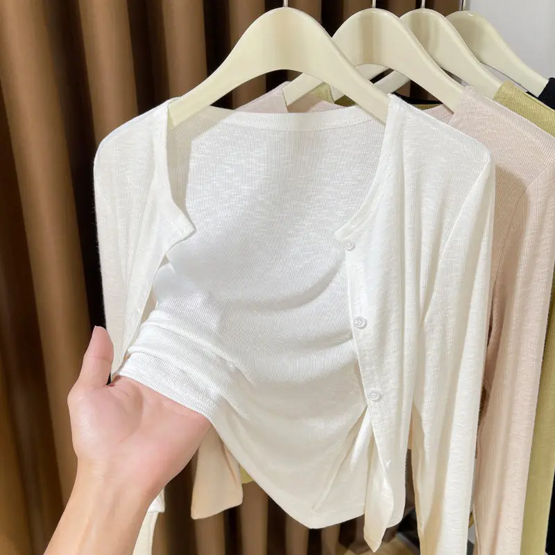 

White Soft Knitted Light Weight Spring Autumn Women's Cardigan awl Ice Silk Sunade Cover up ort Sve round Ne Top