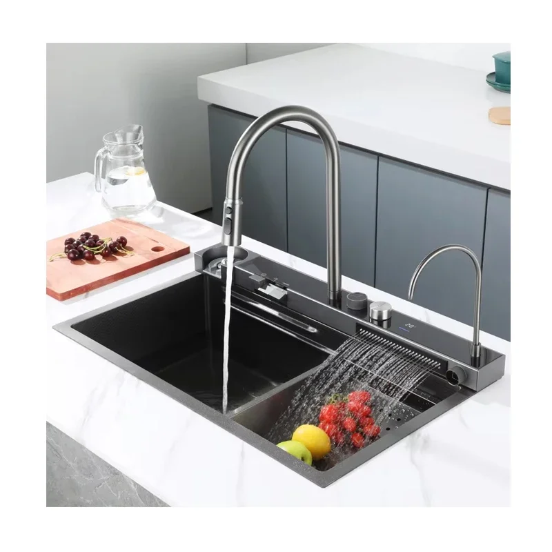 Hot sale stainless steel single bowl kitchen sink with intelligent digital display waterfall faucet and cup washer one piece