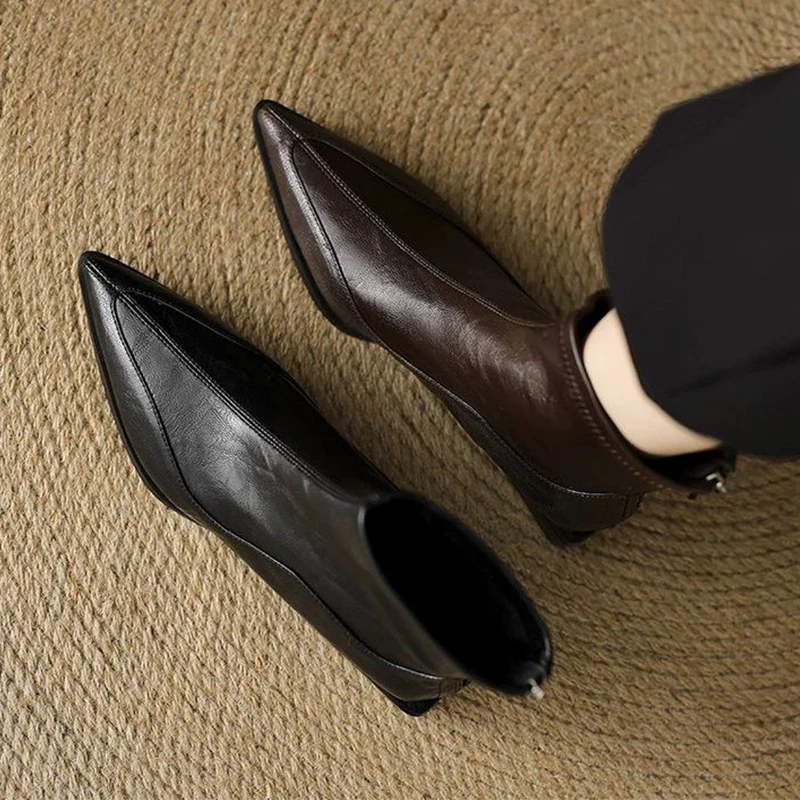 

Женские ботильоны с острым носком, модные кожаные ботинки на высоком каблуке, зимние элегантные женские зимние ботинки в стиле ретро, 2024, прогулочная женская обувь