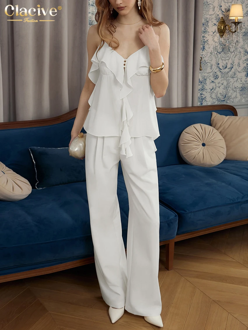 

Clacive Summer Loose White Women's Two Pieces Set Sexy Sleeveless Tank Top With High Waist Wide Pants Set Female Streetwear