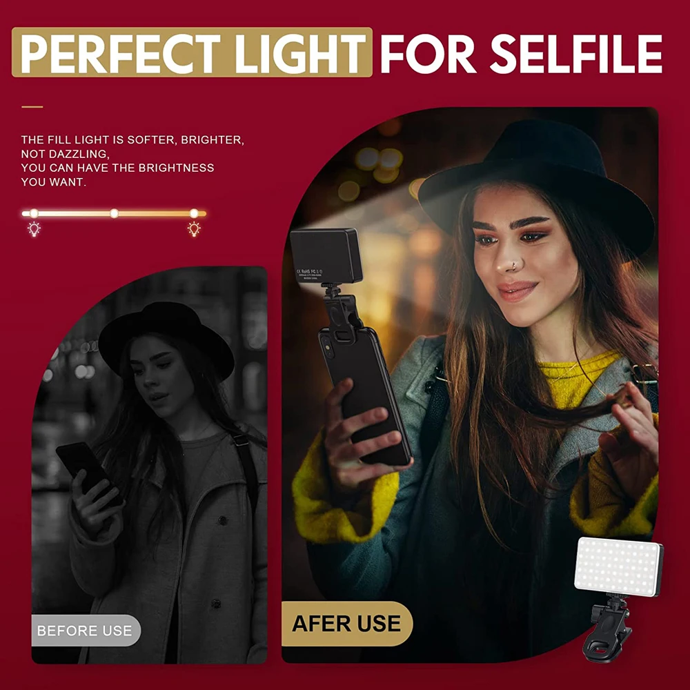 ضوء سيلفي LED 120 LED 3000mAh قابل لإعادة الشحن CRI 95+ مشبك محمول على الضوء للهاتف اللوحي والكمبيوتر المحمول Zoom Call TikTok Selfie