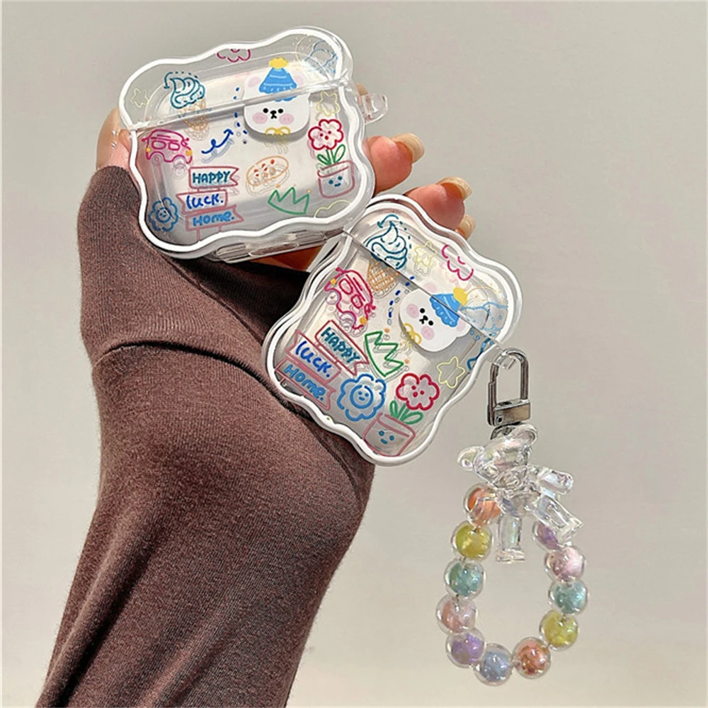 Korean Cute Graffiti Cartoon Bear Ice Cream Headphones Case For AirPods 1 2 3 With Beads Pendant Soft Cover For AirPods Pro 2