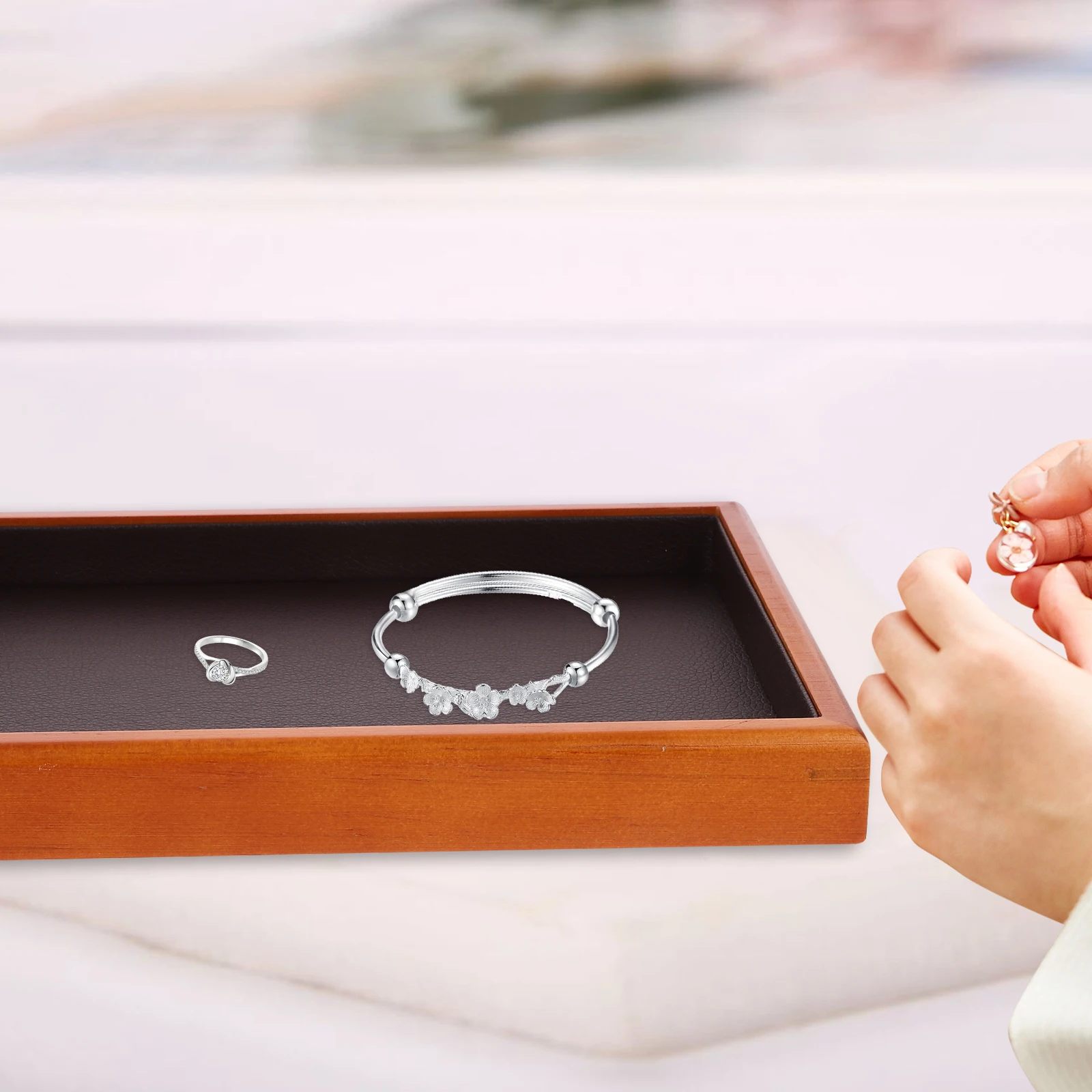 

Jewelry Tray Organizer Wooden Dish Storage Necklace Display Bracelet Holder Smooth Surface Lightweight Safe Capacity