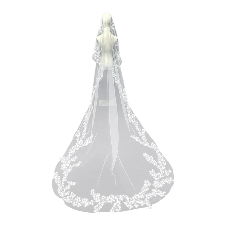 Classical Bridal Veil with Flower Appliques Soft Tulle Long Veil Wedding Accessory Cathedral Drop Veil 118Inch DropShip