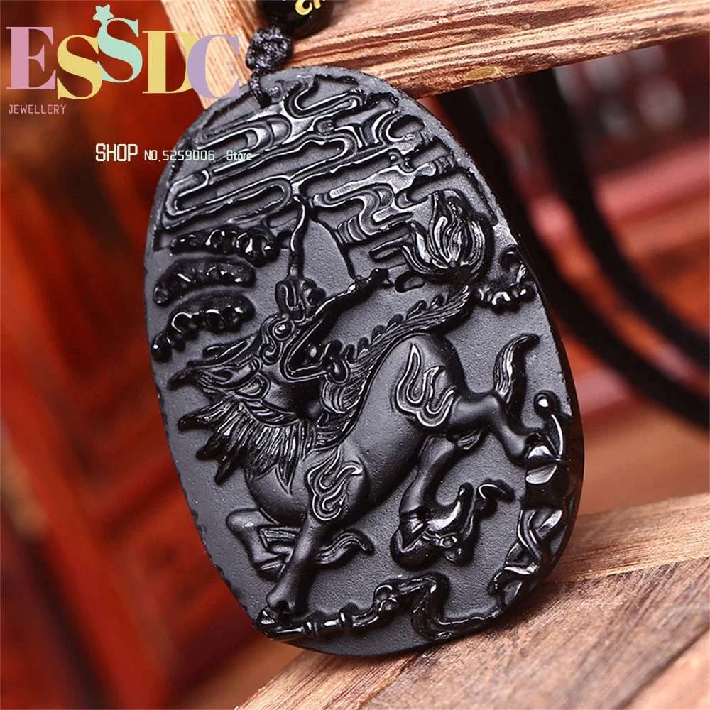 

ESSDCW New Design Natural Black Obsidian Pendant High Quality Lucky Kylin Women Men Free Beads Necklace Wholesale Gift