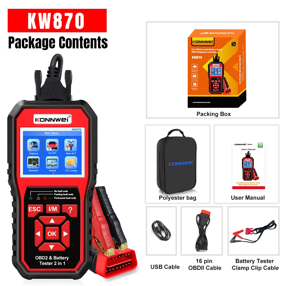 

New KW870 KONNWEI 6V 12V Car Motorcycle Battery Tester Car OBD2 Diagnostics Tool Scanner 2 in1 Cranking Charging Scan Tools
