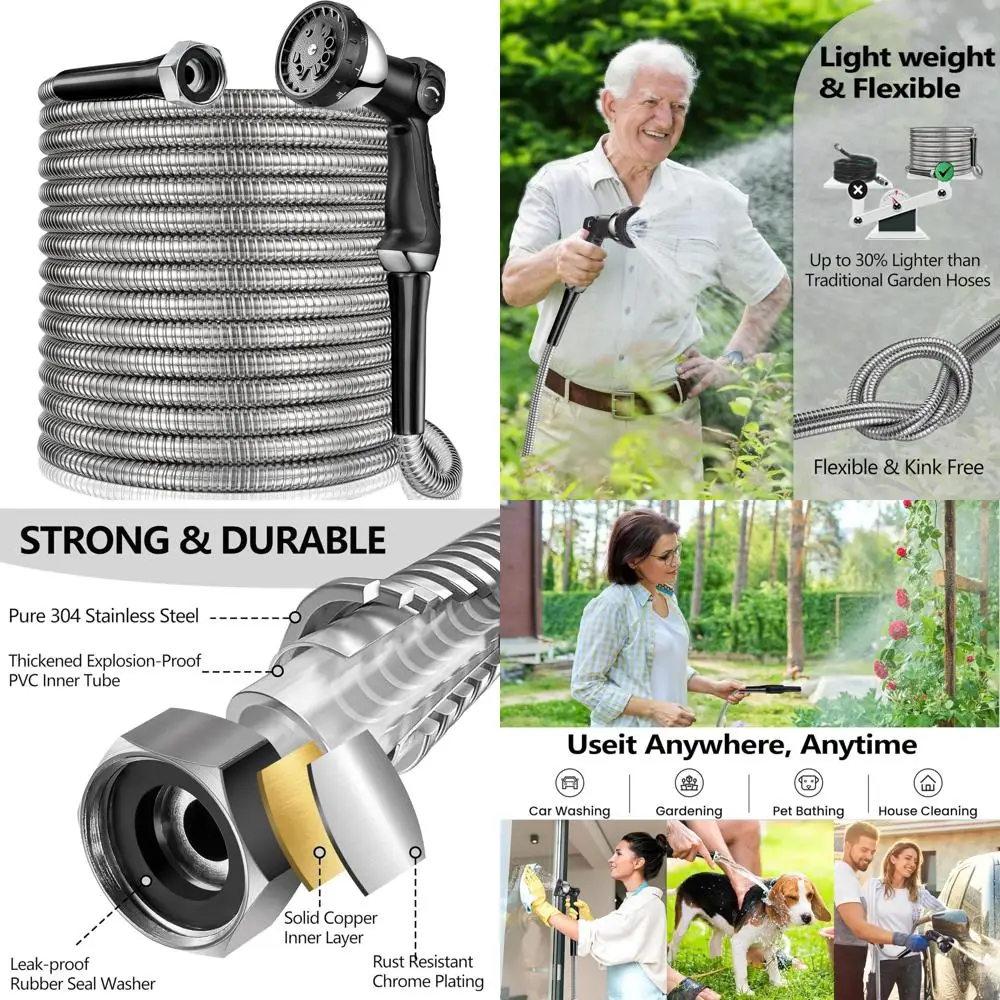 

Stainless Steel Garden Hose 2025 Model with 10-Function Spray Nozzle and 3/4 Copper-Chrome Connectors - Lightweight, Durable for