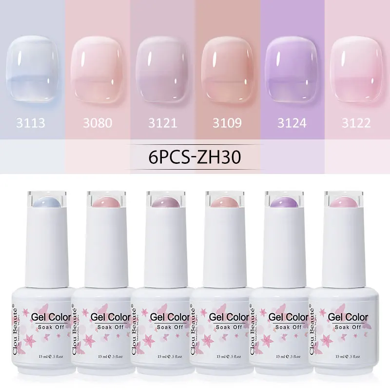 Clou Beaute 6 Stück Jelly Translucent Gel Nagellack Langlebiger Glitzer Nude Lack LED UV Soak Off Semi Permanent DIY 15 ml Gel