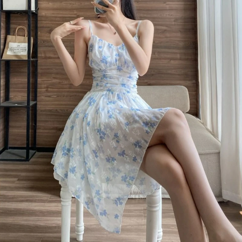 

Женское платье на бретельках, летнее асимметричное платье с цветочным принтом, в Корейском стиле