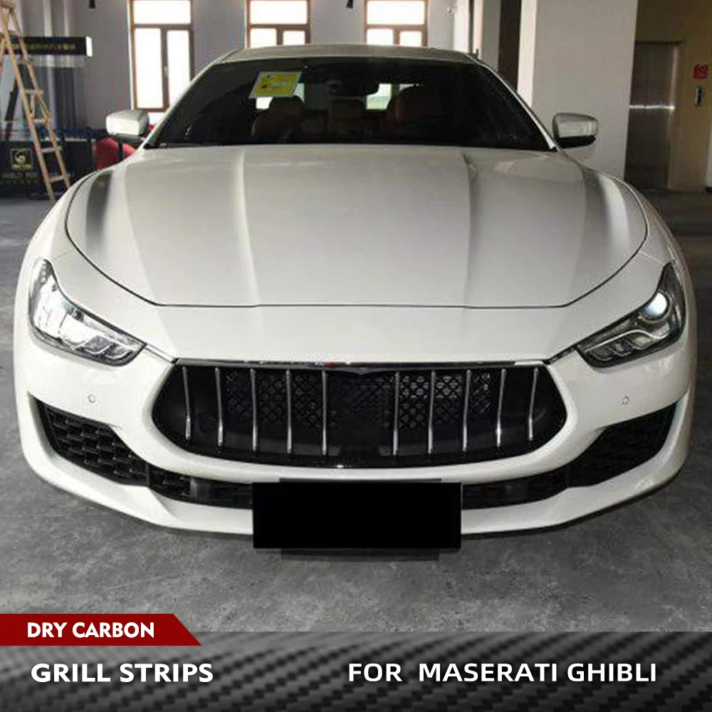 For Maserati Ghibli Sedan 2018 2019 Dry Carbon Fiber Car Front Bumper Middle Grill Strips Cover Bar Frame Trim 10pcs/Set