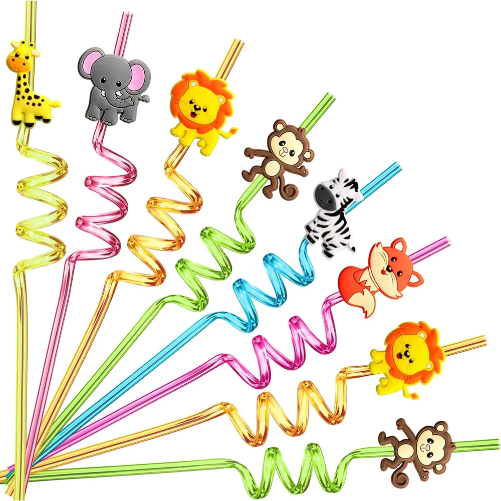 8 Reusable Plastic Straws for Jungle Animals Lion Fox Zebra Giraffe Hunting Birthday Party Supplies Party Gifts