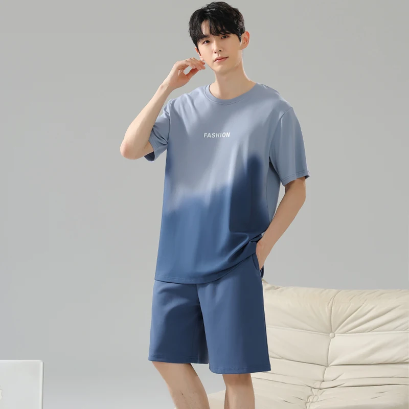 MiiOW 2 Piece Set Men Summer Pajamas Large Size Short-Sleeved Sleepwear Cotton Home Wear Man Nightwear Casual Teenage Loungewear