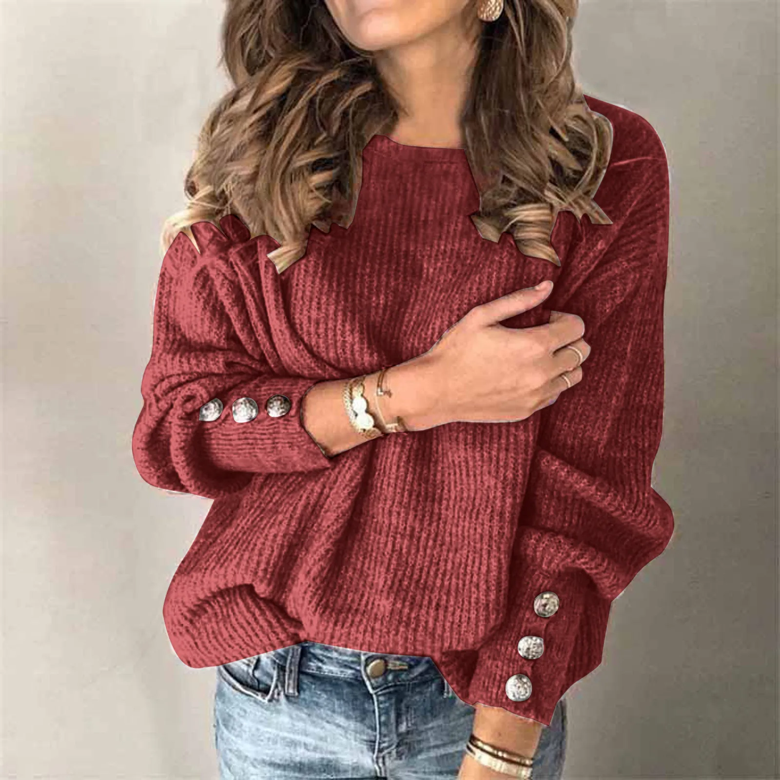 Maglione lavorato a maglia tinta unita da donna girocollo abbottonato a maniche lunghe autunno e inverno caldo Top moda semplice e Versatile Top