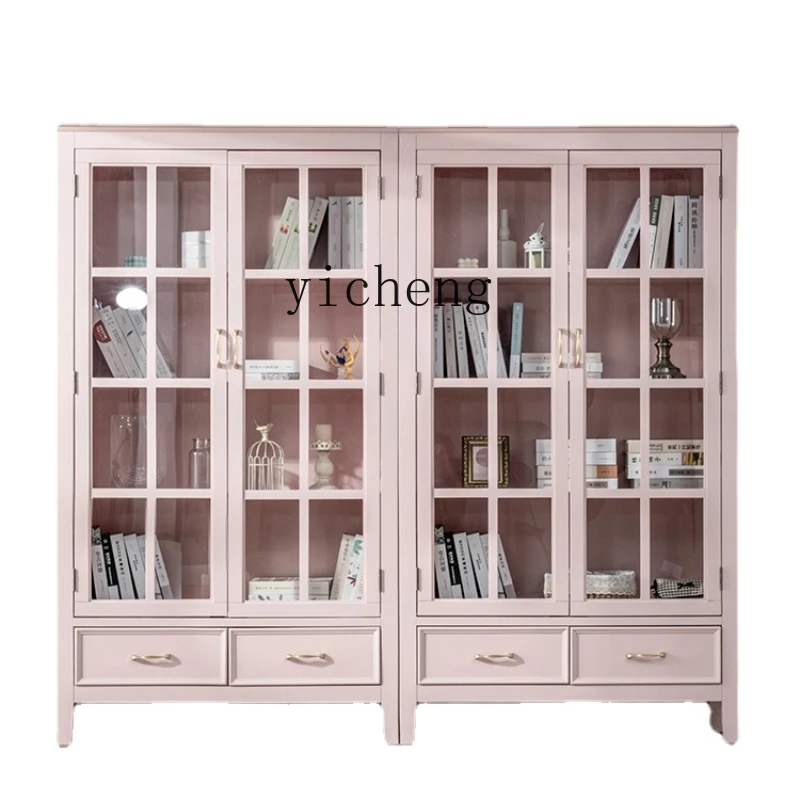 

Zk Dust Belt Glass Door Floor-Standing Rack Bookshelf Pink Storage Display Solid Wood Bookcase