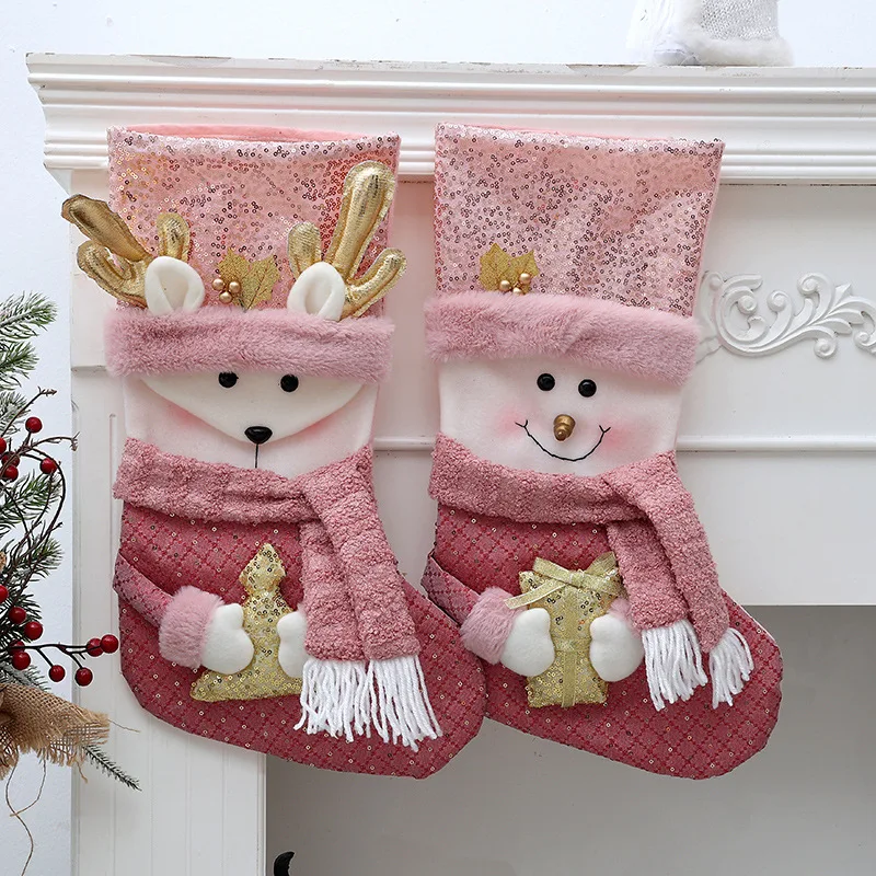 1pc, Christmas stockings, pink stockings snowman, reindeer, Santa Claus decoration family holiday christmas party decoration