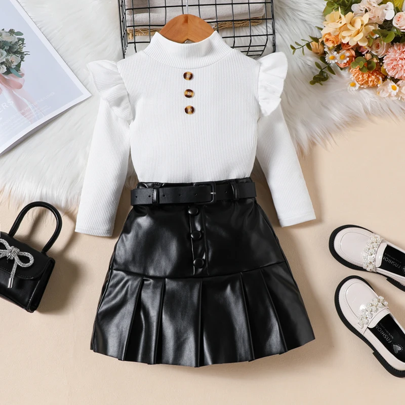 Toddler Little Girls Fall Winter Clothes 1T 2T 3T 4T 5T 6T Ribbed Knit Shirt Tops PU Leather Skirt Set 2Pcs Outfits