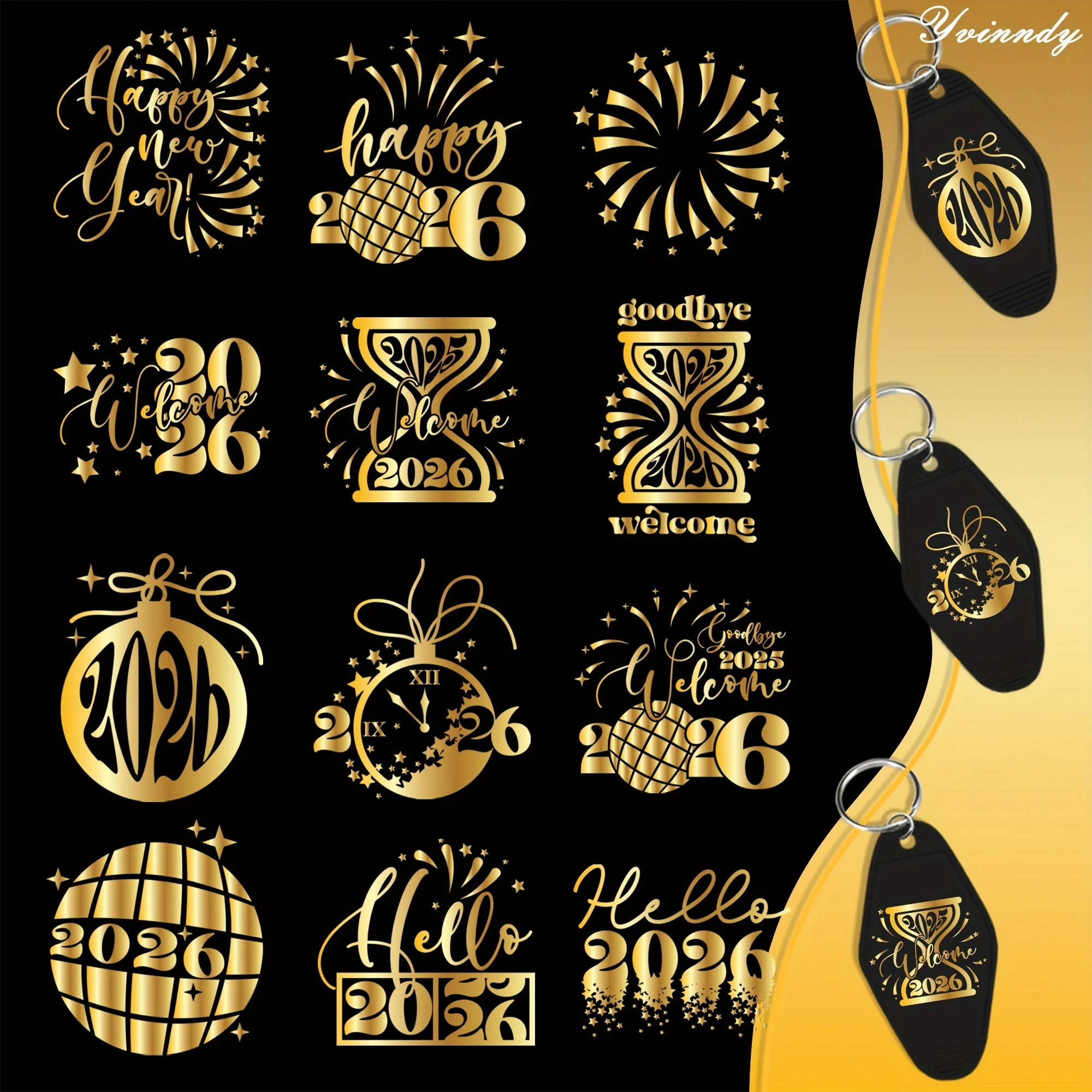 

Набор из 24 штук: УФ-ДТФ бумага для переноса изображений на закладки «С Новым годом 2026», водонепроницаемая виниловая бумага для переноса изображений