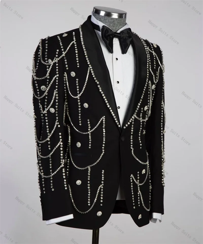 Luxuriöser Herrenanzug mit Kristallsteinen, 2-teiliger Blazer + Hose, schwarzer Hochzeits-Smoking aus Baumwolle, formelle Büro- und Business-Jacke