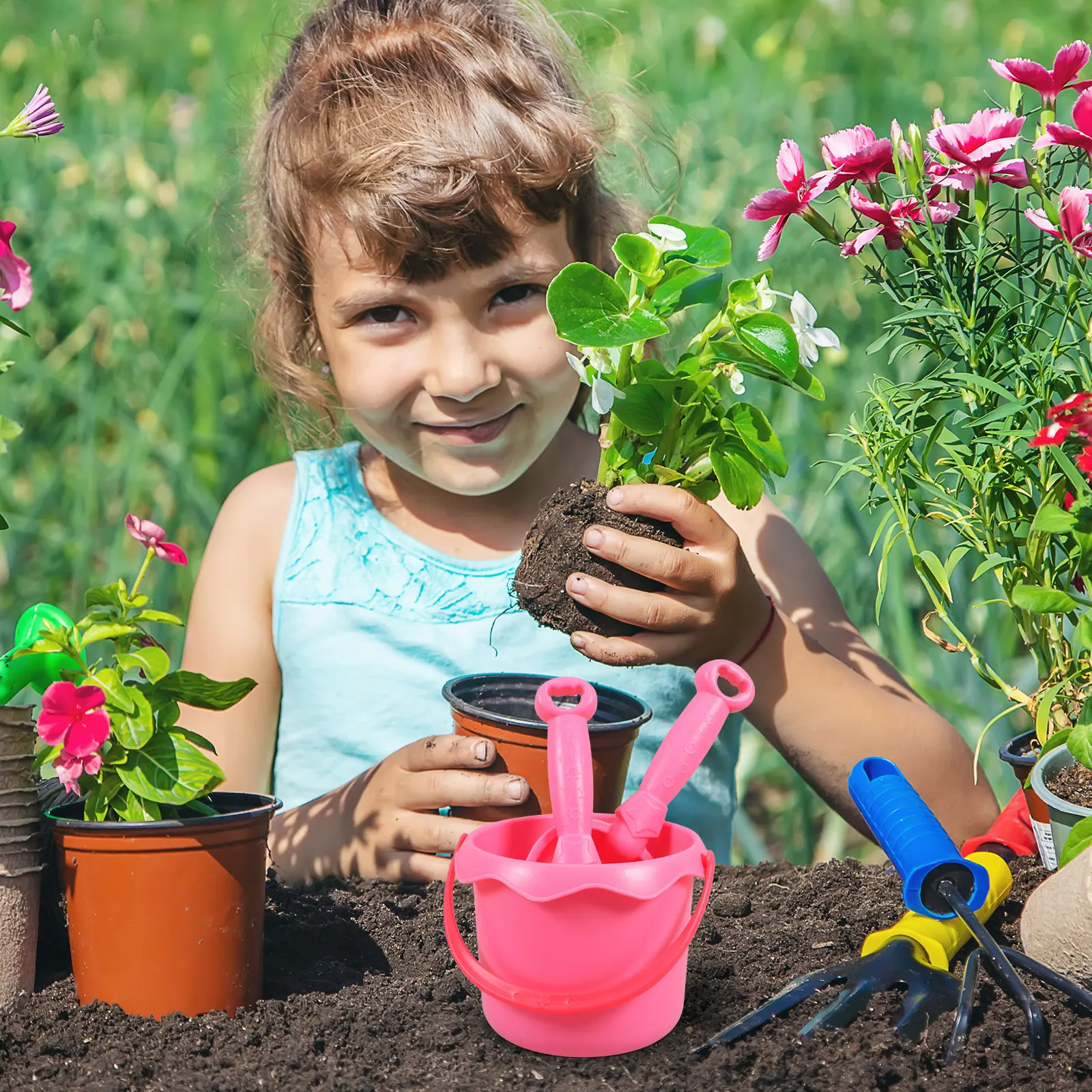 3Pcs Childrens Gardening Tools Set Mini Shovel Rake Bucket Lightweight Ergonomic for Small Hands Educational Outdoor Activity