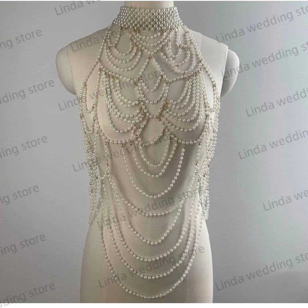 Illusion White Photograpy Props for Pregnant Woman Prom Dress Elegant Multi Layers pearls Body Chain Vest Chain Necklace