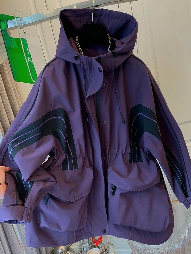 

Splicing Color Blocked Hooded Workwear Jacket For Women 2025 Spring And Autumn New Casual Loose Medium Long Windbreaker